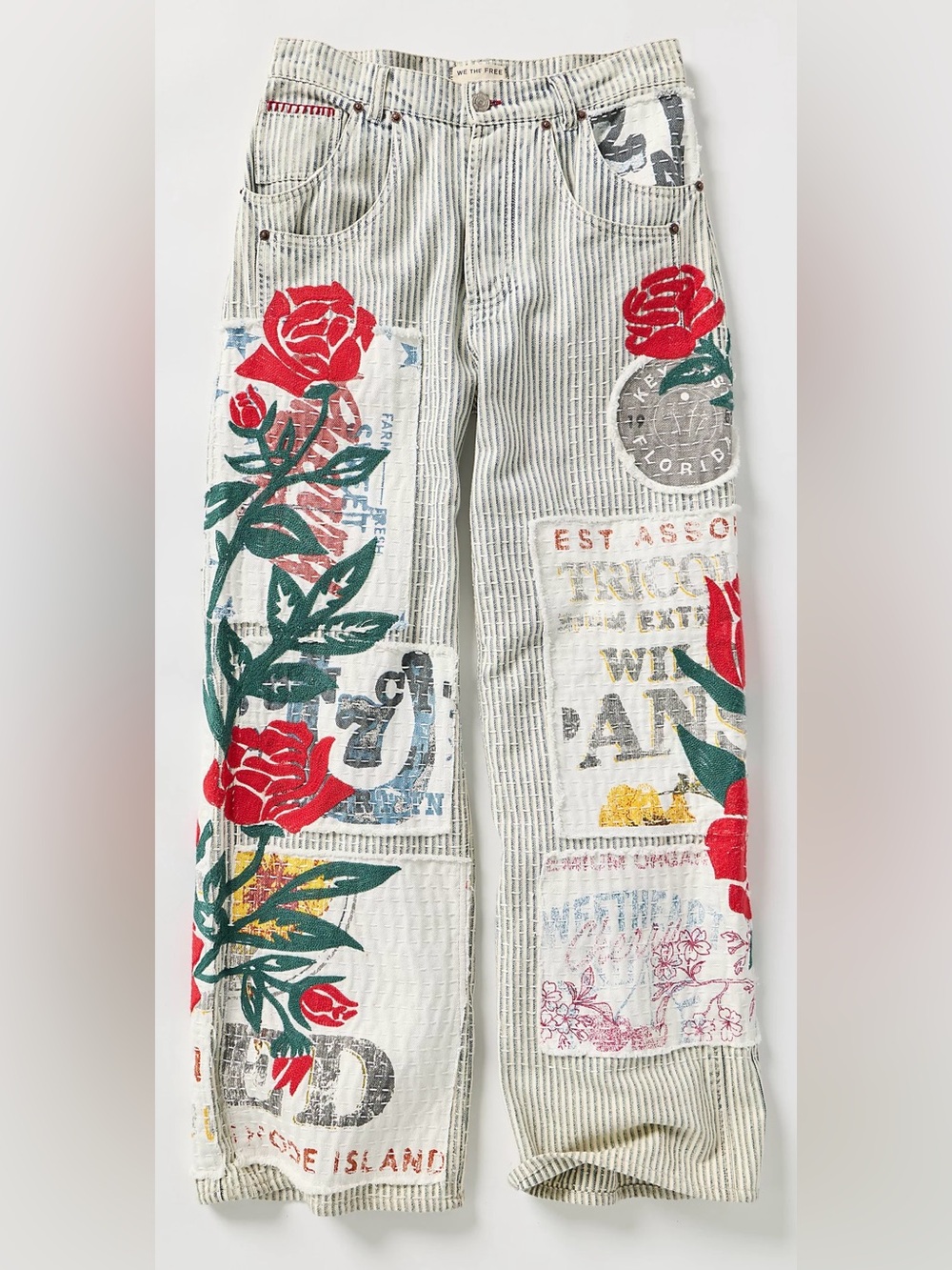 Free People Blue & White Striped Overalls with Red Rose Embroidery